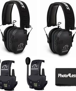 Walker’s Razor Slim Ultra Low Profile Compact Design Adjustable Hearing Protection Electronic Earmuffs – Black Bundle With WALKER’S Razor Walkie Talkie Attachment – 22 Channels 3 Miles Range (2 Pack)