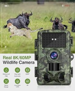 Trail Camera 8K 60MP Hunting Cameras Game Camera with Night Vision Motion Activated Bluetooth IP66 Waterproof app 130°Wide Angle 46pcs No Glow Infrared LEDs for Wildlife Monitoring, Green 2
