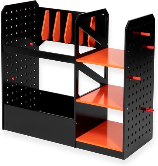 Play Platoon Storage Rack for Nerf Gun Storage & Nerf Accessories, Sturdy Wood Construction, Dart Holder & 6 Toy Gun Holder for Wall with Pegboard Wall Organizer - Includes 20 Pegs