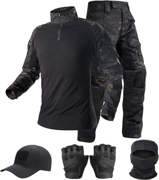 Tactical Suit,Combat Pants and Shirt,Cap Gloves Balaclava Set,Black Camo Uniform Men's Military Airsoft Gear
