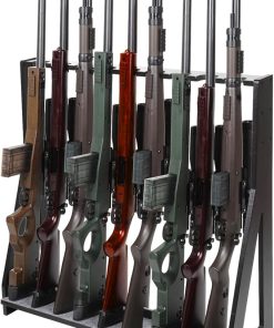 Indoor Gun Rack, Freestanding Rifle Gun Rack, Wooden Adjustable Rifle Stand Holds 9 Long Guns, Gun Display Stand with Anti-scratch Padding, Rifle Storage Holder for Home, Garage, Black