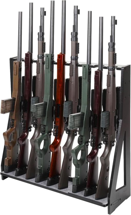 Indoor Gun Rack, Freestanding Rifle Gun Rack, Wooden Adjustable Rifle Stand Holds 9 Long Guns, Gun Display Stand with Anti-scratch Padding, Rifle Storage Holder for Home, Garage, Black