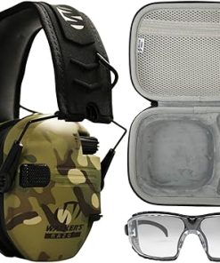 Walkers Razor Slim Electronic Hearing Protection Muff with Noise Reduction (Multicam Camo Tan) Bundle with Safety Glasses Case, and Protection Glasses (3 Items)