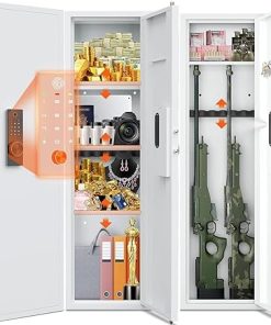 53″ Tall Hidden Wall Safe with Fingerprint Lock – Fireproof & Waterproof, Dual Alarm System, 3 Adjustable Shelves, Magnetic Slot & Key Hooks – Modern White Steel Construction