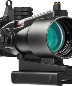 PINTY 4×32 Prism Scope with Fiber Sight, 4X Compact Tactical Rifle Scope with Fiber Reticle Sight, Iron Sights, Multicoated Lenses, Fiber Optical Scope for 20 mm Picatinny, Black