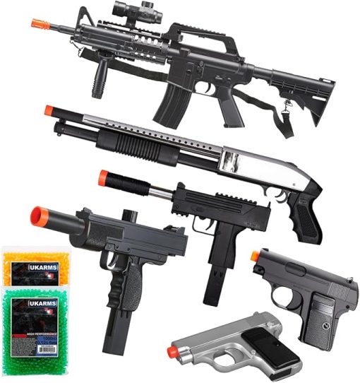 Spring Airsoft Gun Combo Package-Included Spring M4 Airsoft Rifle, Shotgun, 2X Pistols & SMG, and 2000 Rounds BBS