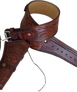 Western Leather Gun Holster with Belt – Hand Tooled – Right Hand Draw – Fits .22 Caliber Revolvers with 3.5″ to 9″ Barrels – Cowboy Style Fast Draw Rig