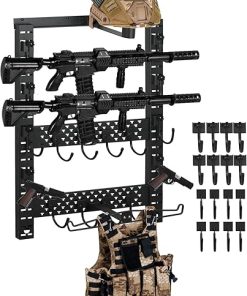 SUNPIE Gun Rack Wall Mount, Indoor Horizontal Rifle Holder with Shelf for Walls Tactical Guns Racks Set with Helmet Hook and Upgrade Tactical Hanger, Heavy Duty Steel