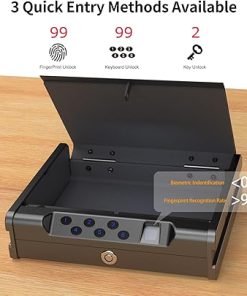 Biometric Handgun Safe with Fingerprint, Digital PIN and Key Access, 2 Gun Capacity,Hand Gun lock box for Car Cloakroom living room Bedroom and Nightstand,USB Power Backup. 2