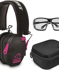 Walker’s Razor Slim Electronic Muff (Black/Pink) Bundle with Ballistic Protection Glasses, and Protection and Safety Case (3 Items)