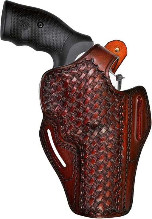 Leather OWB Belt Holster Fits S&W Model 686 586 637 60 10 19, Premium Leather, Thumb Break, Handmade, Basket Weave - ShnLeather