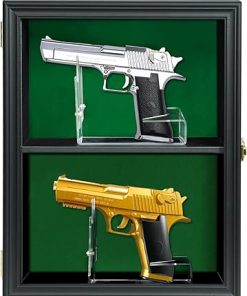 2 Handgun Pistol Revolver Gun Display Case Wall Mount Lockable Green Felt Wood Cabinet w/ 98% UV Protection Acrylic Clear Door Gun Shadow Box Stand Rack Holder