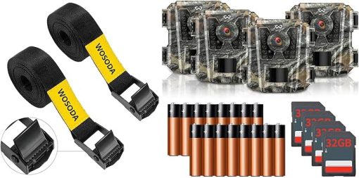 Mini Trail Camera 4 Pack 24MP 1080P HD+Straps 2 Pack,Game Camera with SD Card,78.7'' Wildlife Heavy-Duty Game Hunting Camera Straps