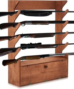 Walnut Color Gun Display Rack Pine Wood Firearm Display Rack Indoor Gun Cabinet Gun Shelf Rifle Display Case with Storage Compartment for Gun Accessories
