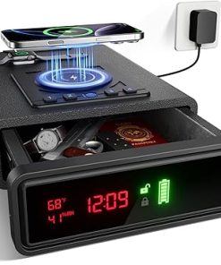 Biometric Gun Safe for Pistols & Handguns – Auto-Open Door with Fingerprint Lock, Backlit Keypad – Compact Nightstand Safe with LED Light, 24/7 Digital Clock, Car, Office