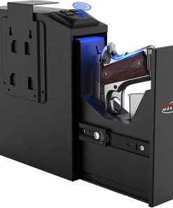 Gun Safe Biometric Pistol Safe with Quick Access Sliding Door, Mounted Nightstand Fireproof Handgun Safe & Gun Lock Box for Truck, Desk, Bedside, Wall with Fingerprint, PIN Code, Key Access