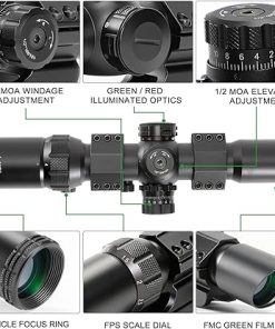 Compact Rifle Scope 1-4X28, Red/Green Illuminated, Mil-Dot Reticle, Cantilever Rings, 30mm Tube, Hunting Shooting, Black 2