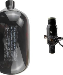 DOT 68ci Carbon Fiber Paintball Tank System,Black Carbon Fiber hpa Tank，Paintball pcp air Tank with 4500psi Input 800psi Output 5/8-18UNF Inlet and G1/2-14 Outlet Thread Paintball Regulator