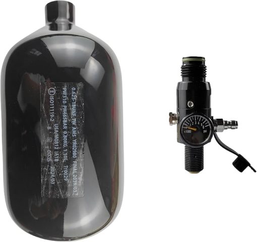 DOT 68ci Carbon Fiber Paintball Tank System,Black Carbon Fiber hpa Tank，Paintball pcp air Tank with 4500psi Input 800psi Output 5/8-18UNF Inlet and G1/2-14 Outlet Thread Paintball Regulator