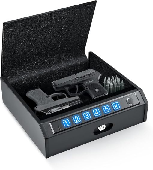 ADIMO Biometric Gun Safe for Handguns, Quick Access Fingerprint Pistol Safe with Backlit Keypad & Keys, Silent Mode, Fits 1 Full-Size or 2 Compact Pistols, for Nightstand, Car or Drawer Use