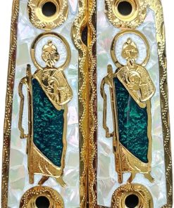 Cachas Colt 1911 Grips Gun St Jude San Judas Model with 24k Gold Plated, Green Resin and Mother of Pearl Shell Includes Screws