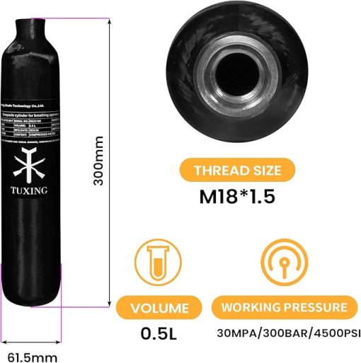 TUXING 4500Psi Pcp Air Tank 0.5L 31Cu in 500cc Carbon Fiber HPA Tank,Gas Cylinder,Paintball Hunting for PCP Air Rifle Gun Daystate and FX Thread M18 * 1.5 - Image 2