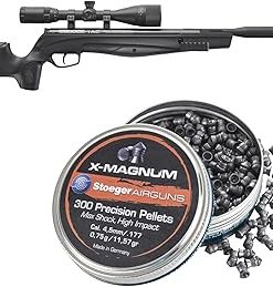 Stoeger S8000-E TAC Airgun Combo – .177 Caliber – Black Synthetic with 3-9×40 Adjustable Objective Scope + Stoeger X-Magnum Shock, High-Impact & Expansion Heavy Pointed Tip Pellets, .177 Caliber, 300