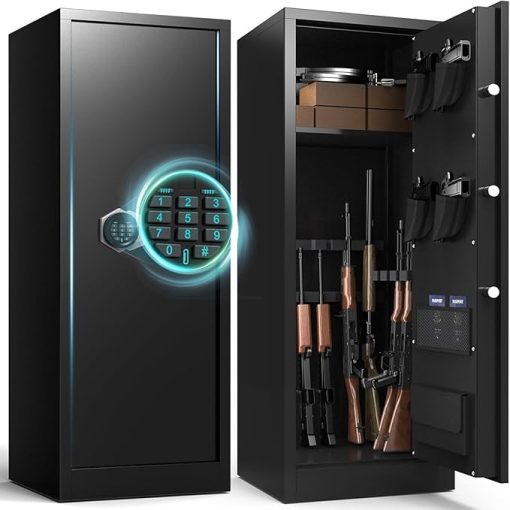 8-10 Gun Safes, Gun Safe for Rifles and Pistols, Fireproof Gun Safe for Rifles with Digital Keypad, Quick Access Rifle Safe with Adjustable Gun Rack and Pistol Pouch, Gun Cabinet for Home