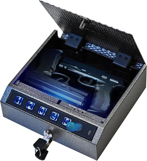 Gun Safe, Biometric Gunsafe for 2 Pistols, Fingerprint, Digital PIN and Key 3 ways Unlock, Handgun Safe Lock Box for Home Bedroom Nightstand and Car, Metal Case, USB-C Charging, Rechargeable