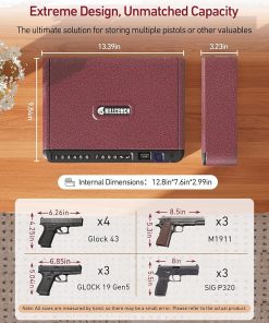 BILLCONCH Smart Gun Safe with Security Cable – Biometric Gun Safe for Handgun 4 Ways Quick Access with Fingerprint/Keypad/Key/APP Lock for Bedside Home Car with LCD/Voice Guide – Burgundy Red 2