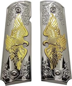 1911 Full-Size Metal Grips for Kimber, Colt, Rock Island, Springfield, Taurus, and Clones 1911 Full-Size Grips (Government/Commander) – Gold & Silver Bald Eagle, Ornate Scrollwork, Ambi-Cut