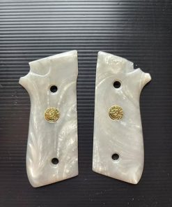 BMPL New Grips Compatible with Taurus Pt-92, Pt-99, Pt100, Pt101 Decocker, Smooth White Pearl Resin Polyester,Gold Medallion, Thai Handmade