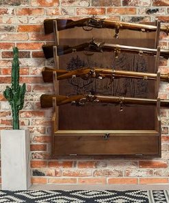 Four Gun Wooden Gun Display Rack with Cabinet Storage Compartment for Gun Accessories Gun Rack for Wall Gun Wall Mount Wall Gun Racks for Rifle Home Gun Racks with Soft Pad Deer Pattern 2