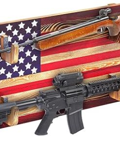 Wall Mount Gun Rack Indoor Gun Rack for 2 Guns Wooden Gun Display Rack Wood Gun Storage Shelf with Flag Background Guns Wall Holder for Guns, Bows and Arrows