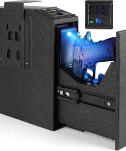 Biometric Fingerprint Mountable Gun Safe, Passcode, Keys and Quick Access Auto Pop-Out Door for Firearm, Bedside| Nightstand| Desk Mounted Single Handgun Safe