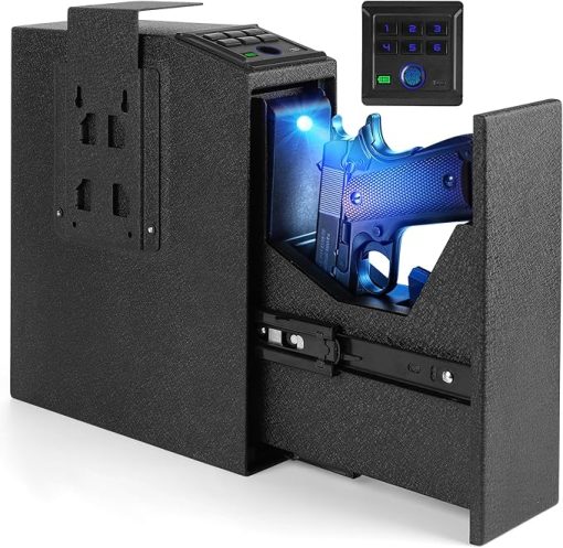 Biometric Fingerprint Mountable Gun Safe, Passcode, Keys and Quick Access Auto Pop-Out Door for Firearm, Bedside| Nightstand| Desk Mounted Single Handgun Safe