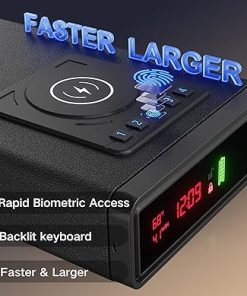 Biometric Gun Safe for Pistols & Handguns – Auto-Open Door with Fingerprint Lock, Backlit Keypad – Compact Nightstand Safe with LED Light, 24/7 Digital Clock, Car, Office 2