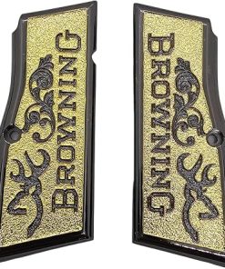 Custom Metal Gun Grips for Browning Hi-Power 9mm and Tisas Regent BR9 Gold and Black Finish, Textured Design with Deer Logo, Browning Hi-Power Screws Included