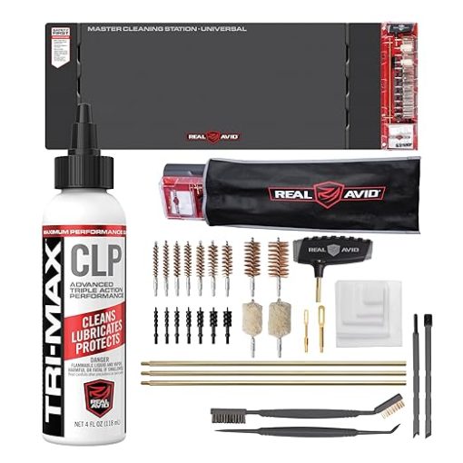 Real Avid Universal Master Cleaning Station and 4oz CLP Gun Cleaner and Lubricant - Gun Mat 43x16 Bore Brushes Jags, Patches, Rods, Picks, CLP Bottle