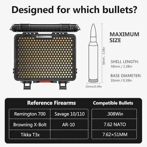 360 Round 7.62 Ammo Storage Case with Desiccant, Waterproof Ammo Box for .308 Win/7.62×51 mm/7.62 NATO, Lockable Bullet Case Designed for Rifle Ammo Storage - Image 2