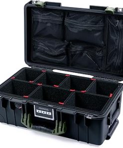Pelican Air 1535 Carry-on Case by ColorCase – Black – Medium Size Waterproof Case with TrekPak Divider System & Mesh Lid Organizer – OD Green Handles & Latches