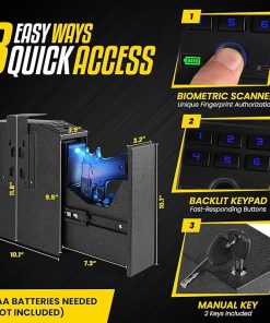 Biometric Fingerprint Mountable Gun Safe, Passcode, Keys and Quick Access Auto Pop-Out Door for Firearm, Bedside| Nightstand| Desk Mounted Single Handgun Safe 2