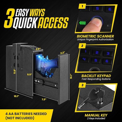 Biometric Fingerprint Mountable Gun Safe, Passcode, Keys and Quick Access Auto Pop-Out Door for Firearm, Bedside| Nightstand| Desk Mounted Single Handgun Safe - Image 2
