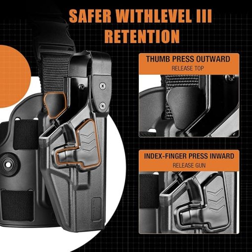 Level III Drop Leg Holster for Glock 19/17, Duty Thigh Holster for Glock 17/19/31/32(Gen 1-5), G22/G23(Gen 1-4), G19X, 44, 45, Fit 1.5, 1.75, 2.0'' Duty Belt, Adj. Ride Height - Image 2