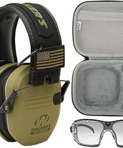 Razor Slim Electronic Hearing Protection Muff with Noise Reduction (OD Green Patriot) Bundle with Safety Glasses Case, and Protection Glasses (3 Items)