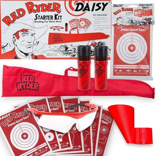 Bundle - 7 Items - Red Speedy BB Funnel, Red Ryder Gun Sleeve, Shooting Glasses, 10 Pack Targets, 2 Tubes 350 Ct BBS, Bonus 25 Pack Targets