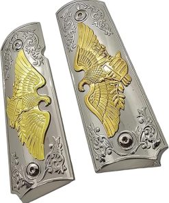 1911 Full-Size Metal Grips for Kimber, Colt, Rock Island, Springfield, Taurus, and Clones 1911 Full-Size Grips (Government/Commander) – Gold & Silver Bald Eagle, Ornate Scrollwork, Ambi-Cut 2