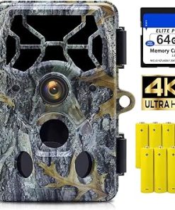 4K 48MP Trail Cameras with Night Vision Motion Activated Waterproof, Game Camera with 100ft Clear Night Vision，Trail Cam with 140°Angle IP66 Waterproof with 64GB Card and 8 Batterries