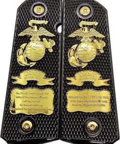 Checkered 1911 Full-Size Grips, Custom Metal Grips for Colt 1911 Pistols and All Other 1911 Full-Size, Ambidextrous, Colt Marine Black Gold Plated, Matching Screws Included 2