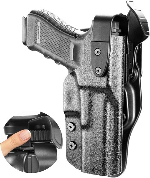 WARRIORLAND Compatible with Glock 17 Duty Holster Level II Retention w/Hook Guard & Rotating Hood: G17 Gen 3 4 5 & G22 G31 Gen 3 4, 2.25 Inch Outside Waistband, Adj. Retention & Ride Height, Right